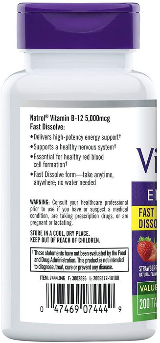 Natrol Vitamin B12 Fast Dissolve Tablets, Promotes Energy, Supports a Healthy Nervous System, Maximum Strength, Strawberry Flavor, 5,000mcg, 200 Count