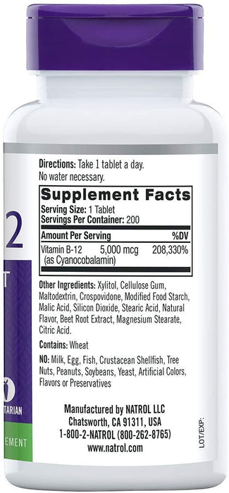 Natrol Vitamin B12 Fast Dissolve Tablets, Promotes Energy, Supports a Healthy Nervous System, Maximum Strength, Strawberry Flavor, 5,000mcg, 200 Count