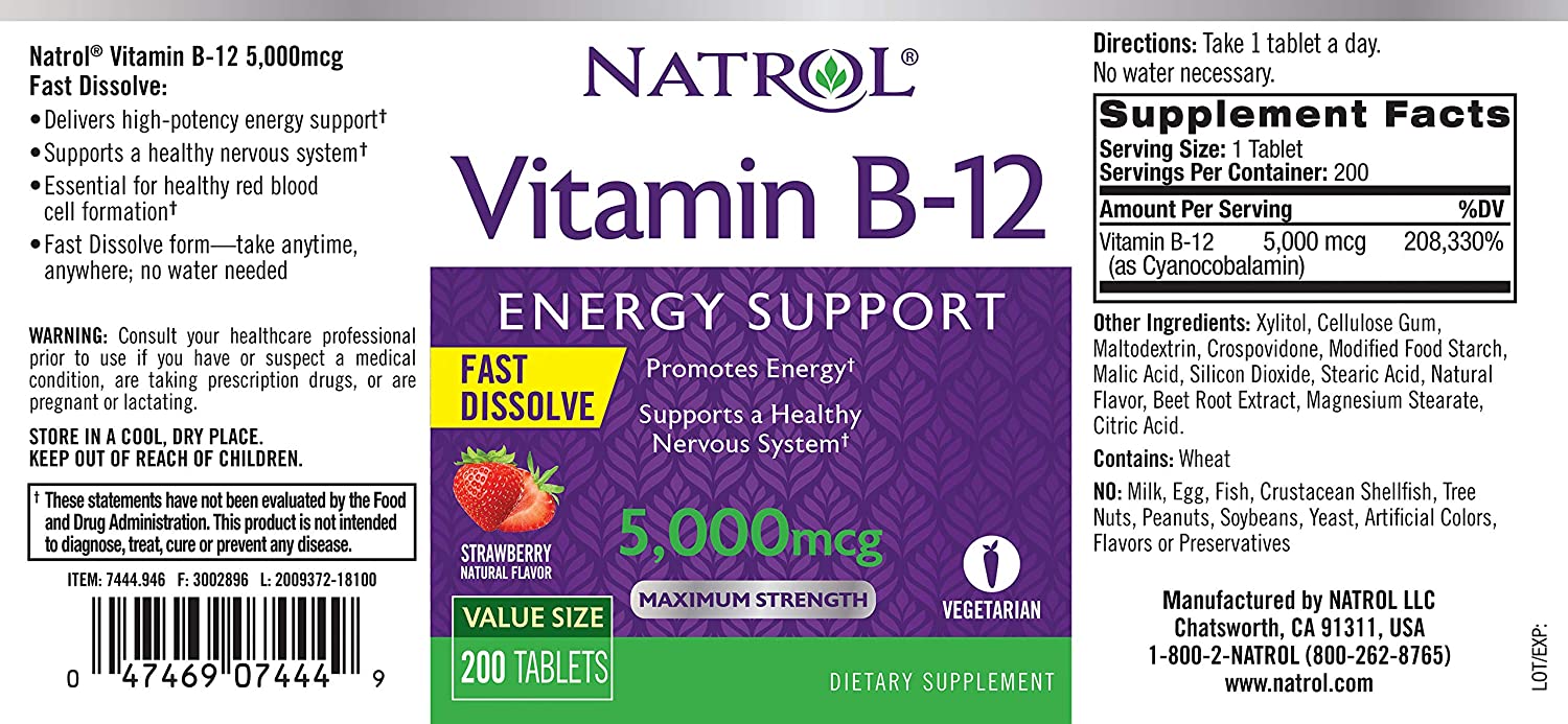 Natrol Vitamin B12 Fast Dissolve Tablets, Promotes Energy, Supports a Healthy Nervous System, Maximum Strength, Strawberry Flavor, 5,000mcg, 200 Count