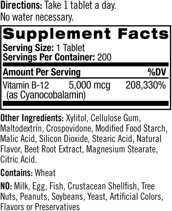 Natrol Vitamin B12 Fast Dissolve Tablets, Promotes Energy, Supports a Healthy Nervous System, Maximum Strength, Strawberry Flavor, 5,000mcg, 200 Count