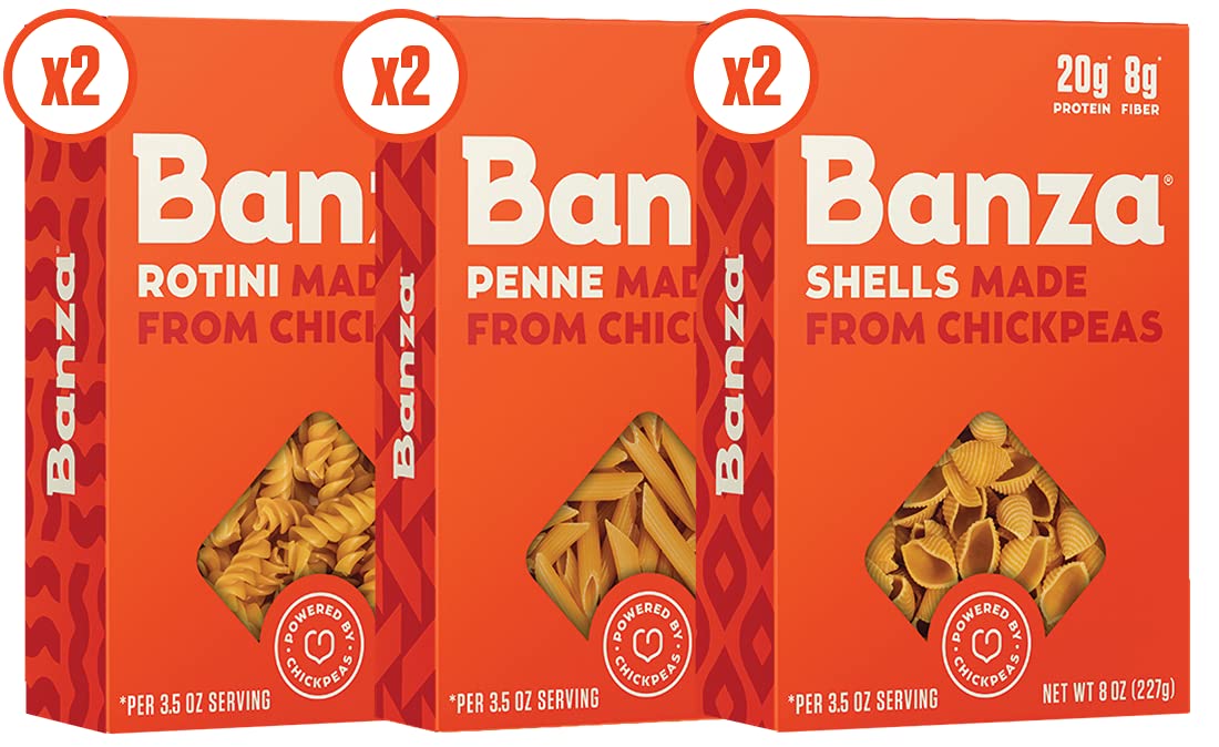 Banza Chickpea Pasta, Variety Pack (2 Penne/2 Rotini/2 Shells) - Gluten Free Healthy Pasta, High Protein, Lower Carb and Non-GMO - (Pack of 6)