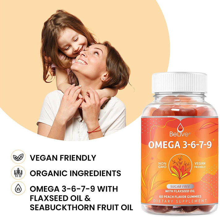 BeLive Organic Omega 3 Gummies with Omegas 6, 7, 9 – DHA & EPA from Flaxseed Oil and Sea Buckthorn Fruit Oil – Sugar Free – Supports Brain, Heart, Eye & Immune System – for Kids & Adults