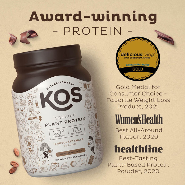 KOS Organic Plant Based Protein Powder, Chocolate - Delicious Vegan Protein Powder - Keto Friendly, Gluten Free, Dairy Free & Soy Free - 2.6 Pounds, 30 Servings