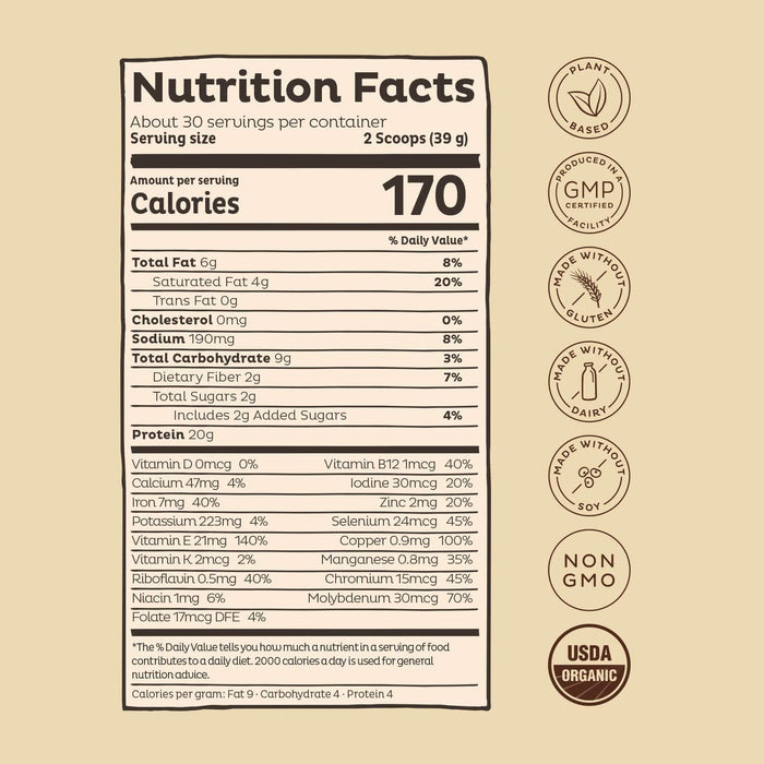 KOS Organic Plant Based Protein Powder, Chocolate - Delicious Vegan Protein Powder - Keto Friendly, Gluten Free, Dairy Free & Soy Free - 2.6 Pounds, 30 Servings