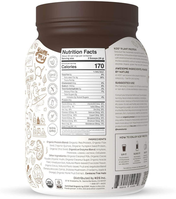 KOS Organic Plant Based Protein Powder, Chocolate - Delicious Vegan Protein Powder - Keto Friendly, Gluten Free, Dairy Free & Soy Free - 2.6 Pounds, 30 Servings