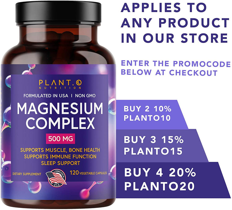 Plant.O Premium Magnesium Supplement [Vegan Oxide & Citrate, 500mg] High Absorption Complex for Sleep Aid, Calm, Muscle Relaxer, Natural Energy, Stress & Anxiety Relief, Non-GMO 120 Veggie Capsules