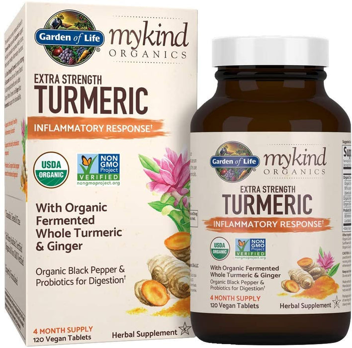 Garden of Life Mykind Organics Extra Strength Turmeric Inflammatory Response 120 Tablets-100Mg Curcumin (95% Curcuminoids) Black Pepper, Probiotics, Organic Non-GMO Vegan Gluten Free Herbal Supplement