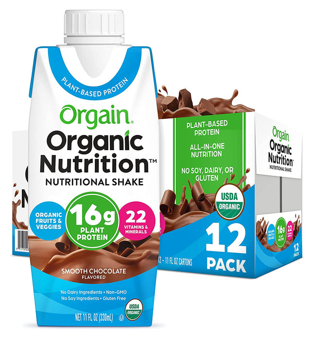Orgain Organic Vegan Plant Based Nutritional Shake, Smooth Chocolate - Meal Replacement, 16g Protein, 22 Vitamins & Minerals, Dairy Free, Gluten Free, 11 Fl Oz (Pack of 12)