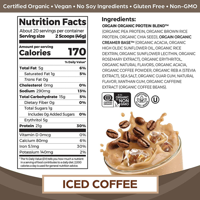Orgain Organic Vegan Protein Powder, Iced Coffee, 21g of Plant Based Protein, 60mg of Caffeine, Low Net Carbs, Non Dairy, Gluten Free, No Sugar Added, Soy Free, Kosher, Non-GMO, Flavored, 2.03 Lb