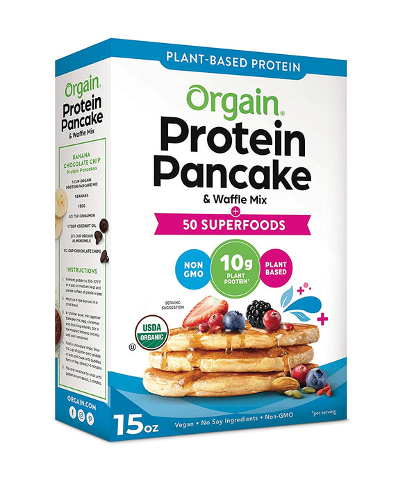 Orgain Protein Pancake & Waffle Mix, 50 Superfoods - Made with Mango, Organic Kale, Chia Seeds, Carrot, Beet Powder, Wheat Grass & Tart Cherry, 10g of Plant Based Protein, Non-GMO, 15 Oz