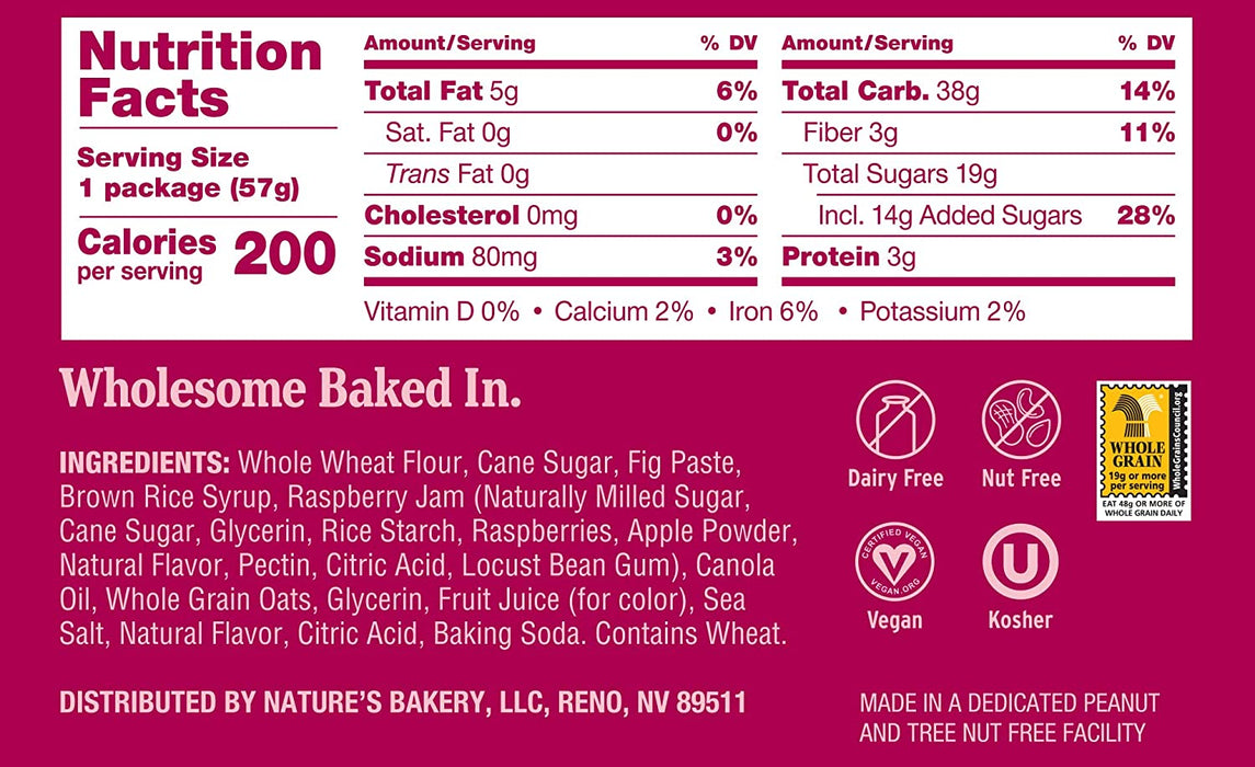 Nature’s Bakery Whole Wheat Fig Bars, Raspberry, Real Fruit, Vegan, Non-GMO, Snack bar, 1 box with 12 twin packs (12 twin packs)
