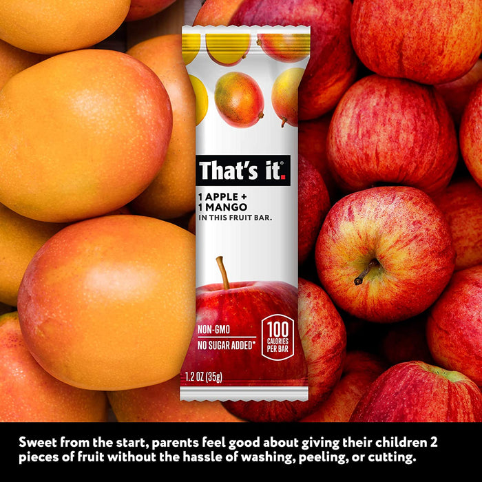 That's it. Apple + Mango 100% Natural Real Fruit Bar, Best High Fiber Vegan, Gluten Free Healthy Snack, Paleo for Children & Adults, Non GMO No Sugar Added, No Preservatives Energy Food (12 Pack)