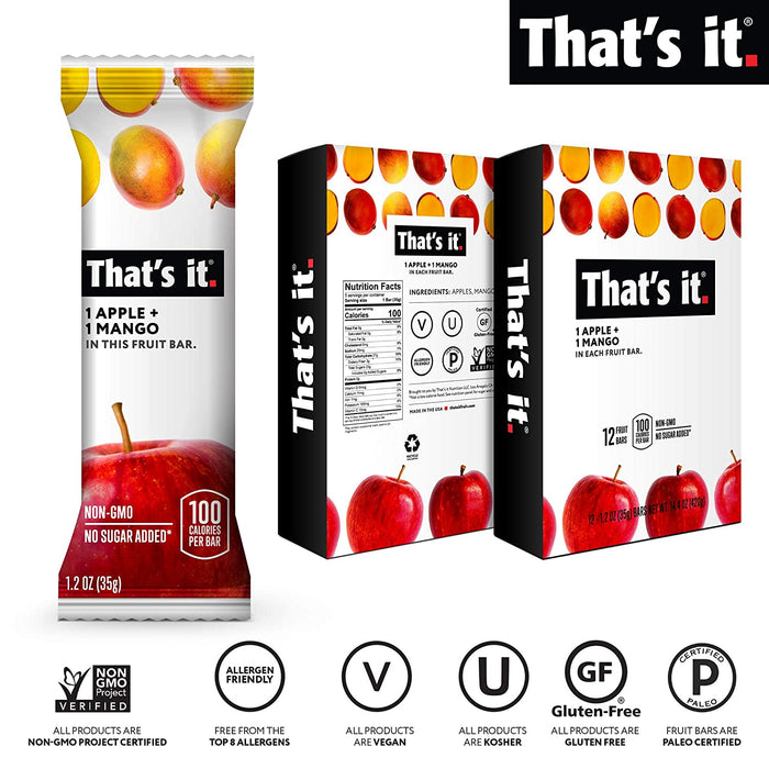 That's it. Apple + Mango 100% Natural Real Fruit Bar, Best High Fiber Vegan, Gluten Free Healthy Snack, Paleo for Children & Adults, Non GMO No Sugar Added, No Preservatives Energy Food (12 Pack)