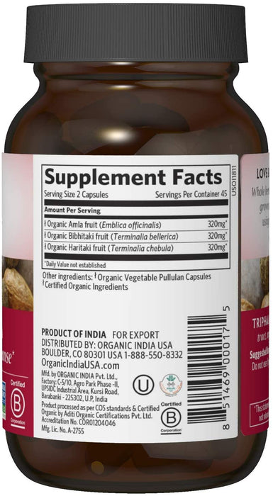 Organic India Triphala Herbal Supplement - Digestion & Colon Support, Immune System Support, Adaptogen, Nutrient Dense, Vegan, Gluten-Free, USDA Certified Organic, Non-GMO - 90 Capsules