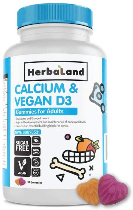 Herbaland Vegan Calcium and D3 Gummies for Adults - Sugar-Free Vitamin D Chews, Bone and Teeth Support, Phosphorus Supplement - 2.2 Grams, Strawberry and Orange Flavor, 60 Count