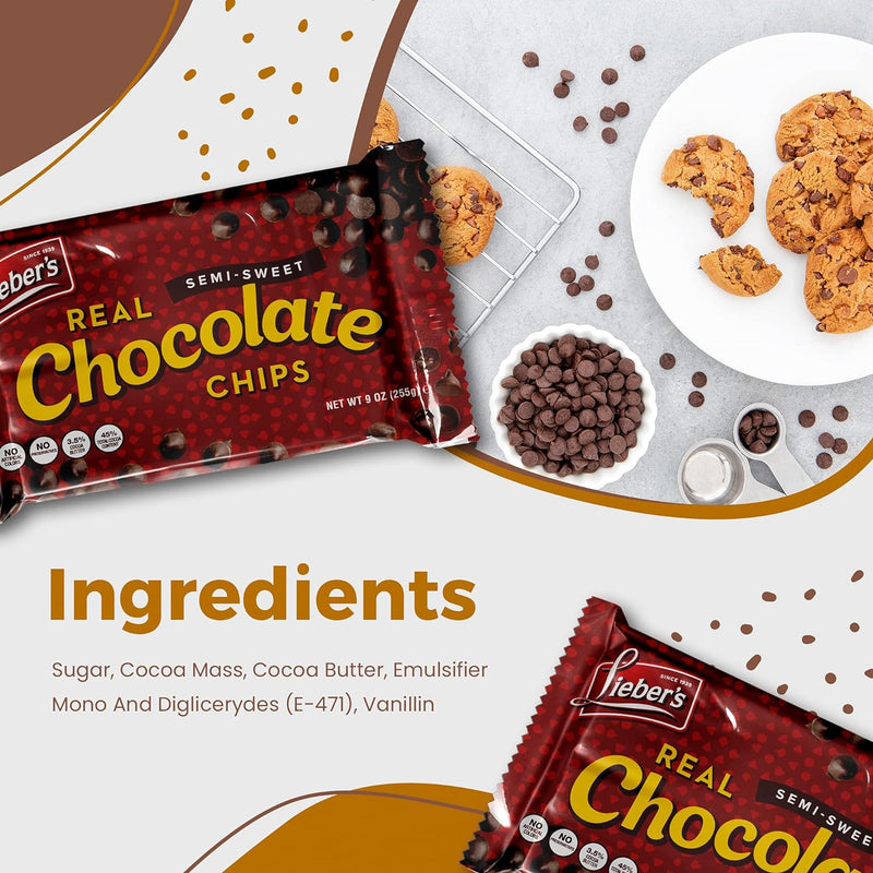 Lieber’s Vegan Semi-Sweet Real Chocolate Chips, 9 oz – Gluten Free, Dairy Free, Kosher Parve, Low Calorie Chocolate Chips for Baking (9 Oz Pack Of 3 or 6)