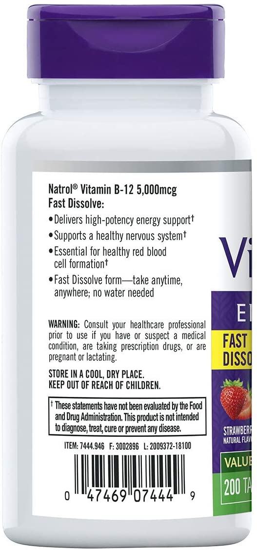 Natrol Vitamin B12 Fast Dissolve Tablets, Promotes Energy, Supports a Healthy Nervous System, Maximum Strength, Strawberry Flavor, 5,000mcg, 200 Count