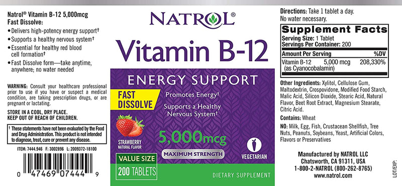 Natrol Vitamin B12 Fast Dissolve Tablets, Promotes Energy, Supports a Healthy Nervous System, Maximum Strength, Strawberry Flavor, 5,000mcg, 200 Count