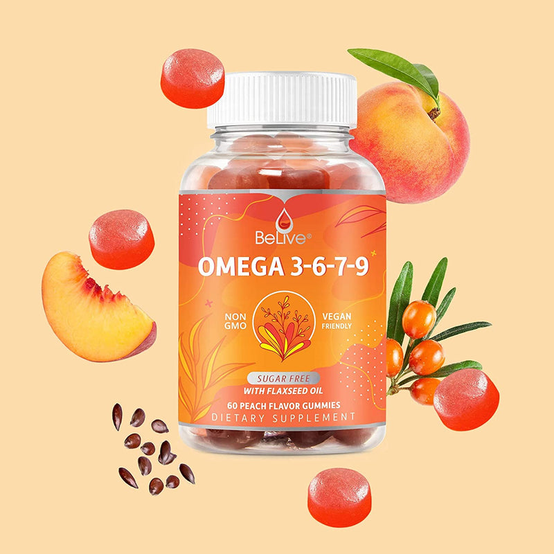 BeLive Organic Omega 3 Gummies with Omegas 6, 7, 9 – DHA & EPA from Flaxseed Oil and Sea Buckthorn Fruit Oil – Sugar Free – Supports Brain, Heart, Eye & Immune System – for Kids & Adults