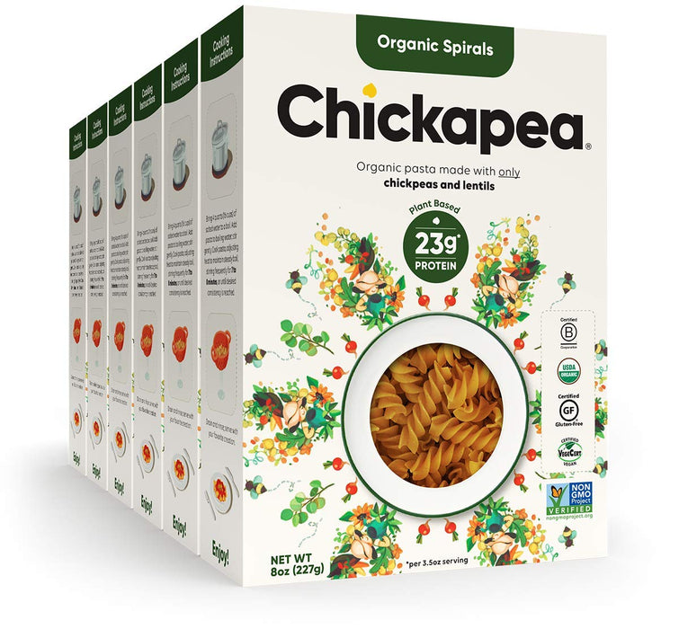 Chickpea Pasta, Gluten Free Organic Spirals by Chickapea, Lentil Pasta, Plant Based, Non GMO, Lower Carb, High Protein, Vegan Pasta, 8 oz (Pack of 6)