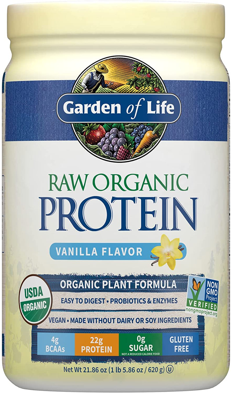 Garden of Life Raw Organic Protein Vanilla Powder, 20 Servings: Certified Vegan, Gluten Free, Organic, Non-GMO, Plant Based Sugar Free Protein Shake with Probiotics & Enzymes, 4g BCAAs, 22g Protein
