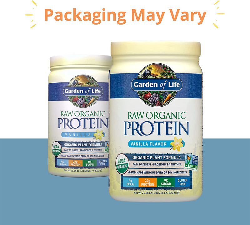 Garden of Life Raw Organic Protein Vanilla Powder, 20 Servings: Certified Vegan, Gluten Free, Organic, Non-GMO, Plant Based Sugar Free Protein Shake with Probiotics & Enzymes, 4g BCAAs, 22g Protein