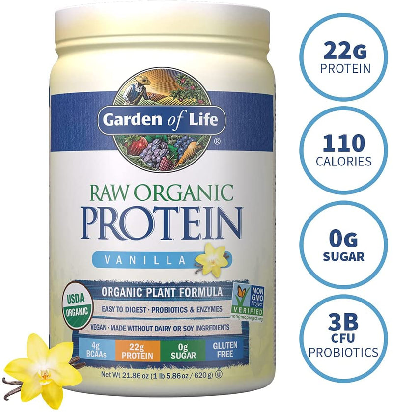 Garden of Life Raw Organic Protein Vanilla Powder, 20 Servings: Certified Vegan, Gluten Free, Organic, Non-GMO, Plant Based Sugar Free Protein Shake with Probiotics & Enzymes, 4g BCAAs, 22g Protein