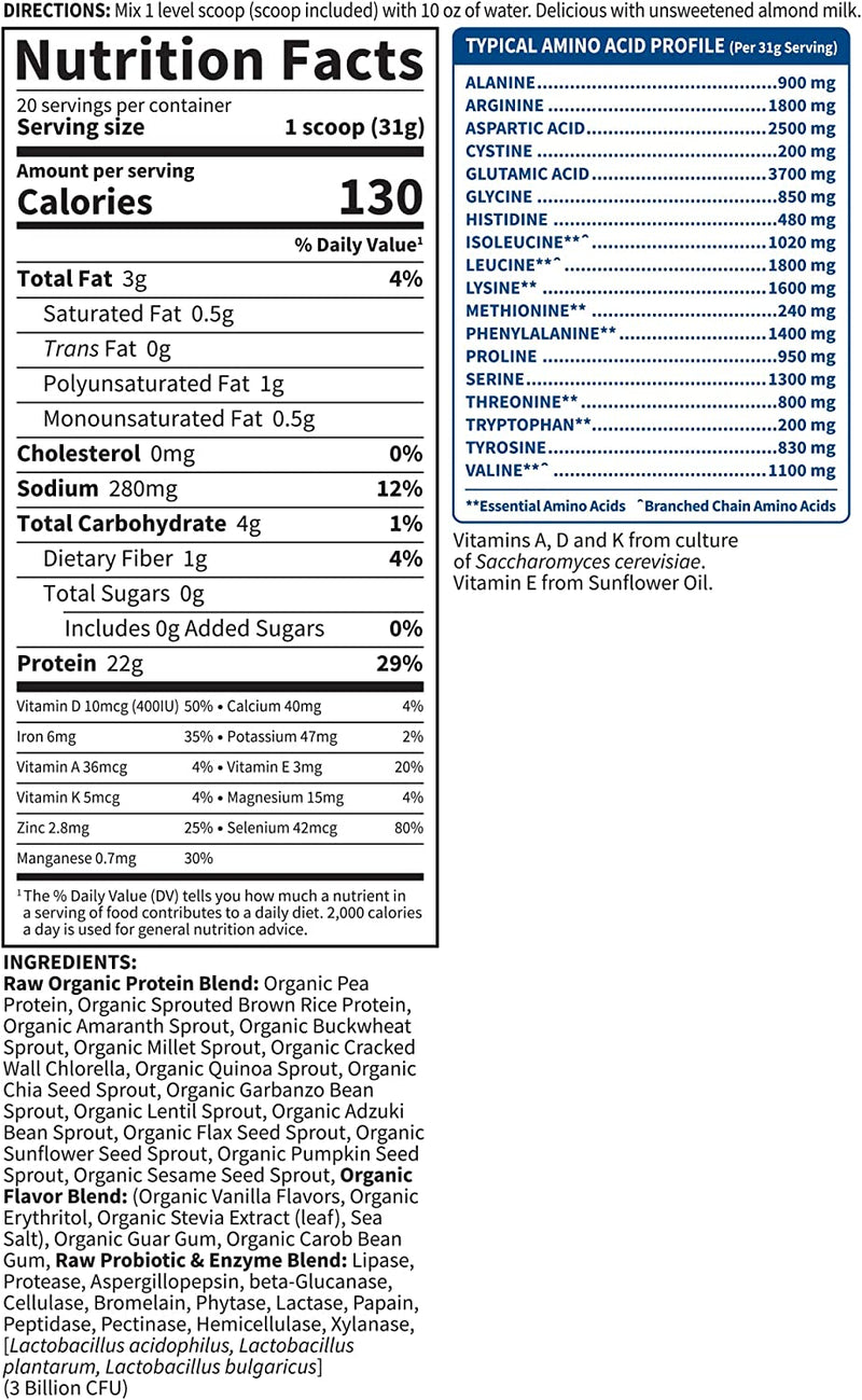 Garden of Life Raw Organic Protein Vanilla Powder, 20 Servings: Certified Vegan, Gluten Free, Organic, Non-GMO, Plant Based Sugar Free Protein Shake with Probiotics & Enzymes, 4g BCAAs, 22g Protein