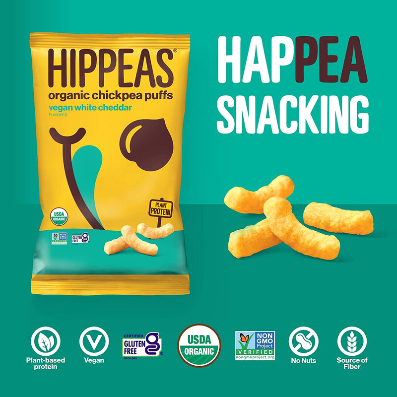 HIPPEAS Organic Chickpea Puffs + Vegan White Cheddar | 1.5 Ounce, 12 Count | Vegan, Gluten-Free, Crunchy, Protein Snacks