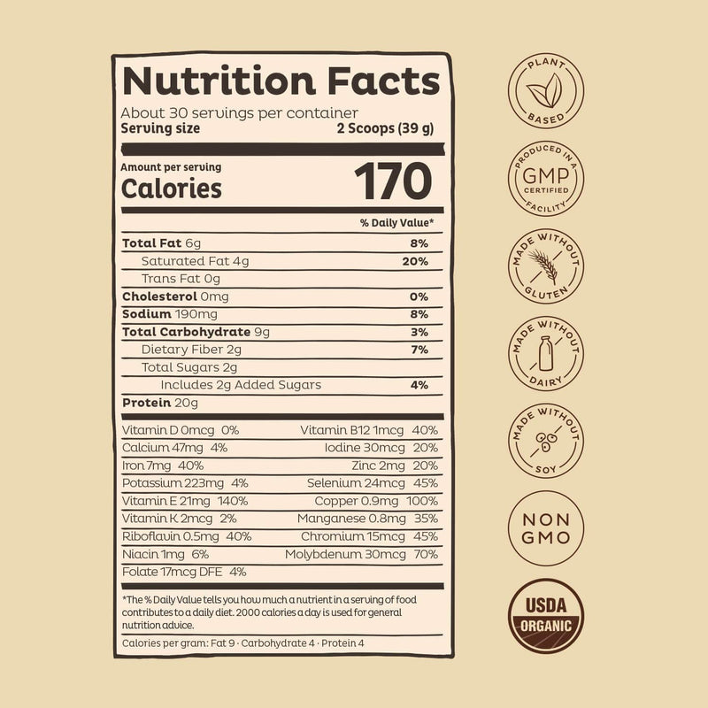 KOS Organic Plant Based Protein Powder, Chocolate - Delicious Vegan Protein Powder - Keto Friendly, Gluten Free, Dairy Free & Soy Free - 2.6 Pounds, 30 Servings