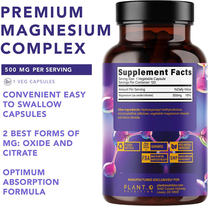 Plant.O Premium Magnesium Supplement [Vegan Oxide & Citrate, 500mg] High Absorption Complex for Sleep Aid, Calm, Muscle Relaxer, Natural Energy, Stress & Anxiety Relief, Non-GMO 120 Veggie Capsules