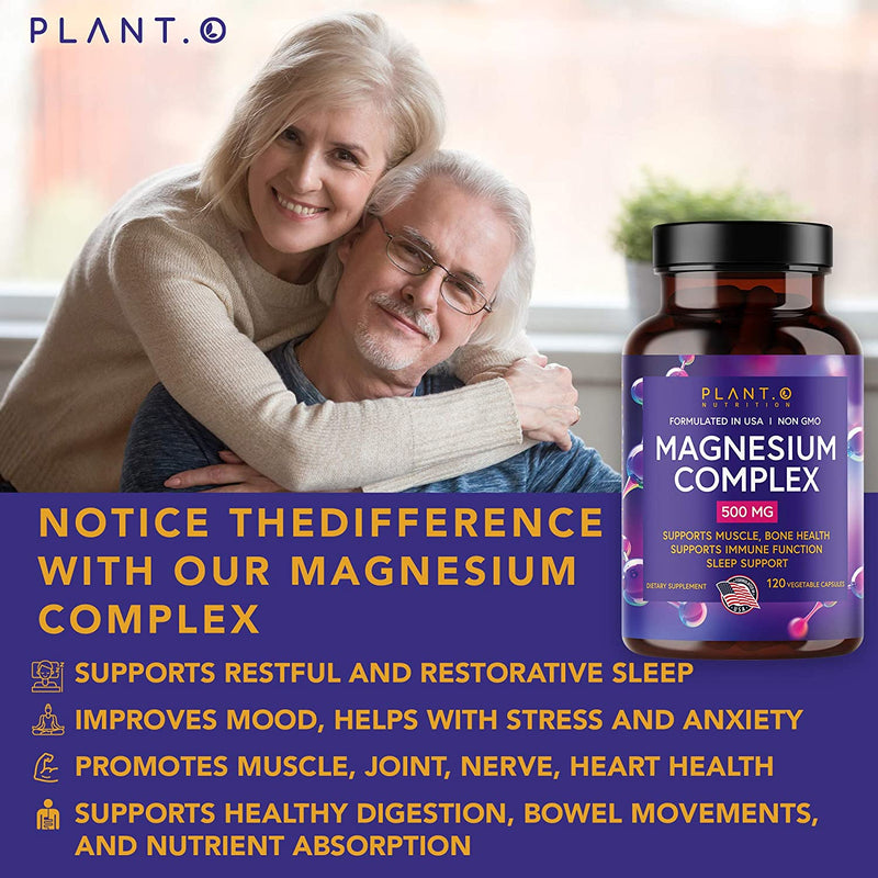 Plant.O Premium Magnesium Supplement [Vegan Oxide & Citrate, 500mg] High Absorption Complex for Sleep Aid, Calm, Muscle Relaxer, Natural Energy, Stress & Anxiety Relief, Non-GMO 120 Veggie Capsules