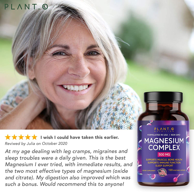 Plant.O Premium Magnesium Supplement [Vegan Oxide & Citrate, 500mg] High Absorption Complex for Sleep Aid, Calm, Muscle Relaxer, Natural Energy, Stress & Anxiety Relief, Non-GMO 120 Veggie Capsules