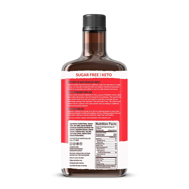 Lakanto Sugar Free Maple Syrup - Monkfruit Sweetener, Keto Diet Friendly, Vegan, 1g Net Carbs, Pancakes, Waffles, Oatmeal, Coffee, Tea, Granola, Frosting, Marinade, Dressing (13 Fl Oz - Pack of 1)