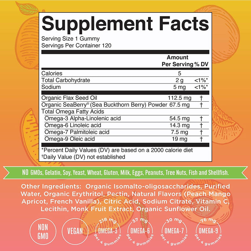 Omega 3 6 7 9 | Up to 4 Month Supply | Omega 3 Supplement | Vegan Omega 3 Gummies for Heart Health & Energy Support | Flaxseed Oil | No Fish Taste | Non-GMO | Gluten Free | 120 Count
