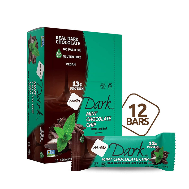NuGo Dark Chocolate Mint Chocolate Chip, 13g Vegan Protein, 200 Calories, Gluten Free, 12 Count