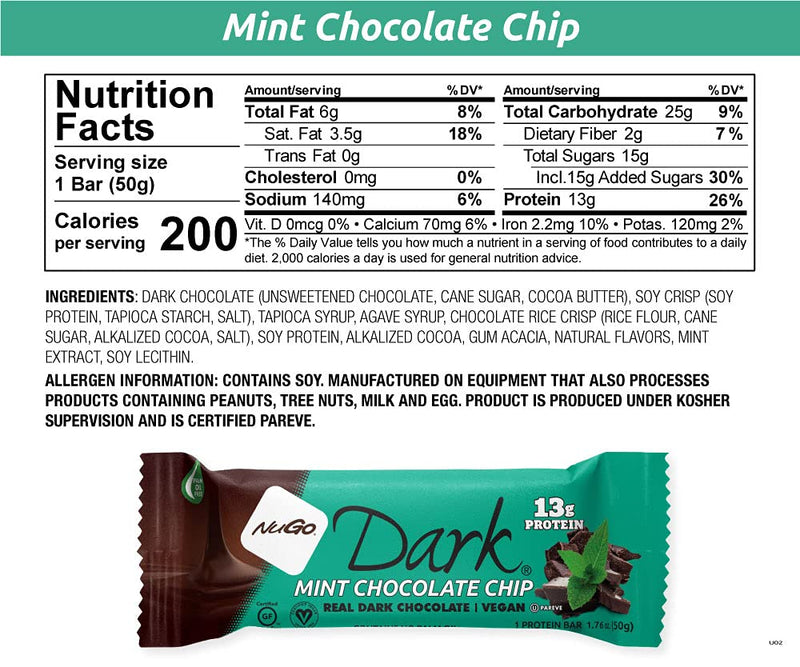 NuGo Dark Chocolate Mint Chocolate Chip, 13g Vegan Protein, 200 Calories, Gluten Free, 12 Count