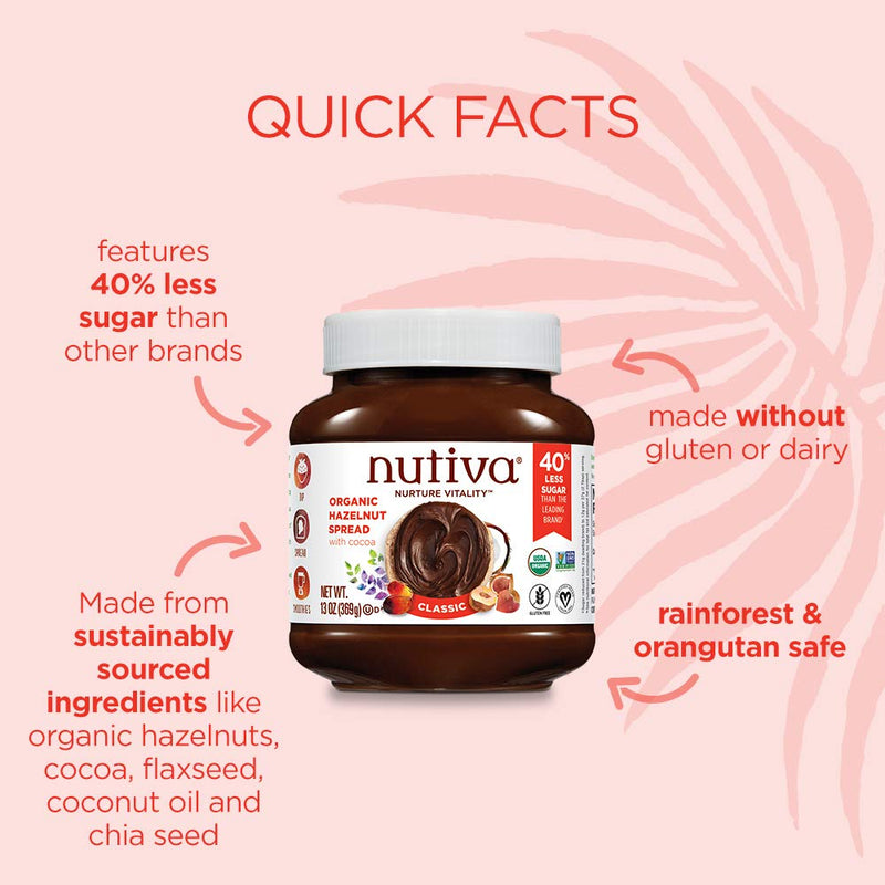 Nutiva Organic Vegan Hazelnut Spread, Classic Chocolate, 13 Ounce | USDA Organic, Non-GMO, Fair Trade & Sustainably Sourced | Vegan & Gluten-Free | Plant-Based Superfood Spread with Less Sugar