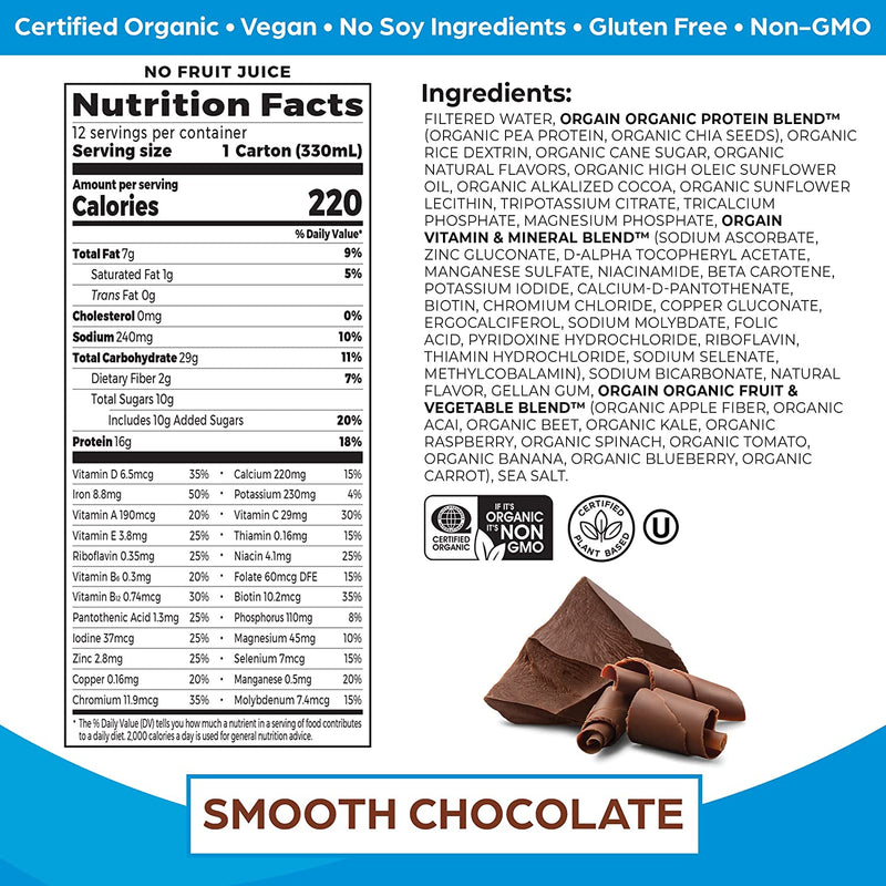 Orgain Organic Vegan Plant Based Nutritional Shake, Smooth Chocolate - Meal Replacement, 16g Protein, 22 Vitamins & Minerals, Dairy Free, Gluten Free, 11 Fl Oz (Pack of 12)