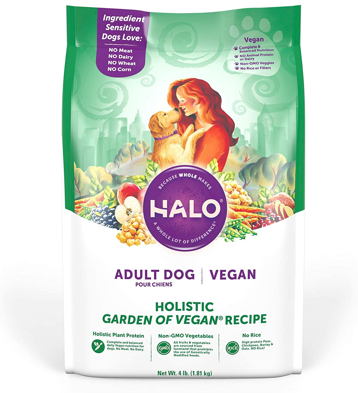 Halo Vegan Dog Food, Dry Dog Food, Plant-Based, Adult Dog Food 4lb