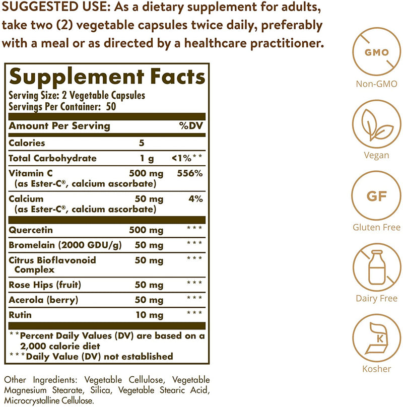 Solgar Quercetin Complex with Ester-C Plus, 100 Vegetable Capsules - Supports Immune Health, Antioxidant - Gentle on the Stomach Vitamin C - Non-GMO, Vegan, Gluten Free, Dairy Free - 50 Servings