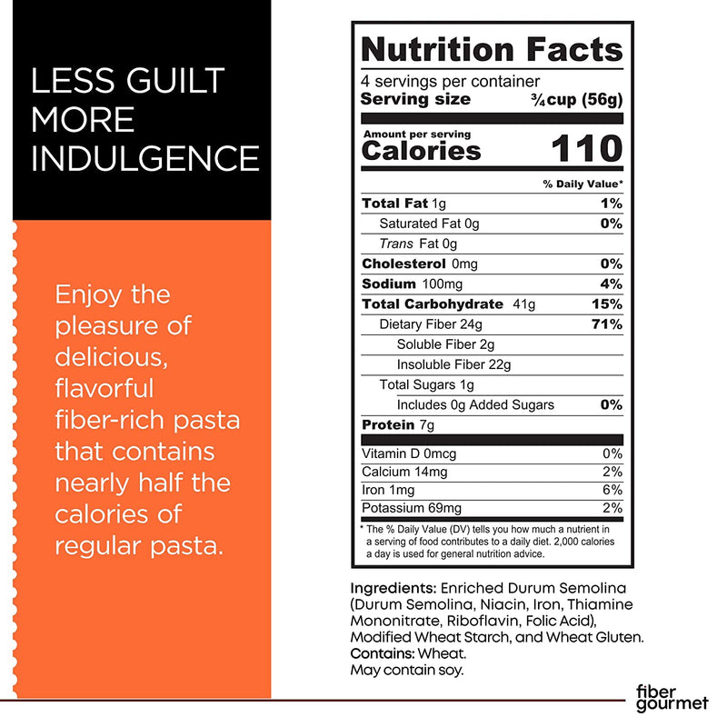 Fiber Gourmet Pasta – Light Rotini Pasta – Fiber-Rich, Low Calorie, Healthy Pasta – Kosher, Vegan Certified, Non-GMO and Has Zero Artificial Colors or Flavoring – 8 Oz (Pack of 6)