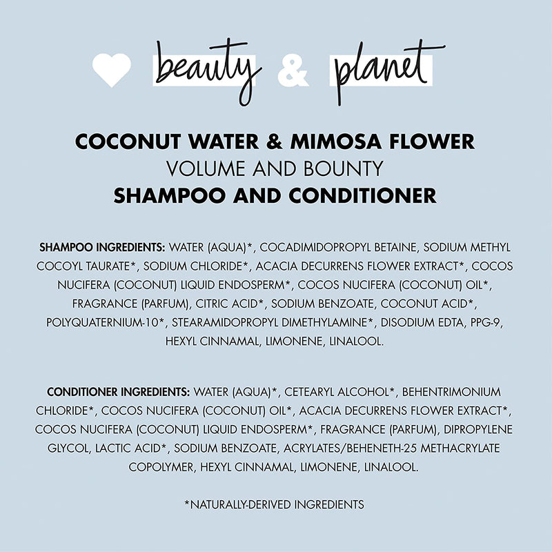 Love Beauty and Planet Volume and Bounty Thickening Shampoo and Conditioner For Hair Volume and Fine Hair Care Coconut Water & Mimosa Flower, Paraben Free, Silicone Free, and Vegan 13.5 oz 2 count