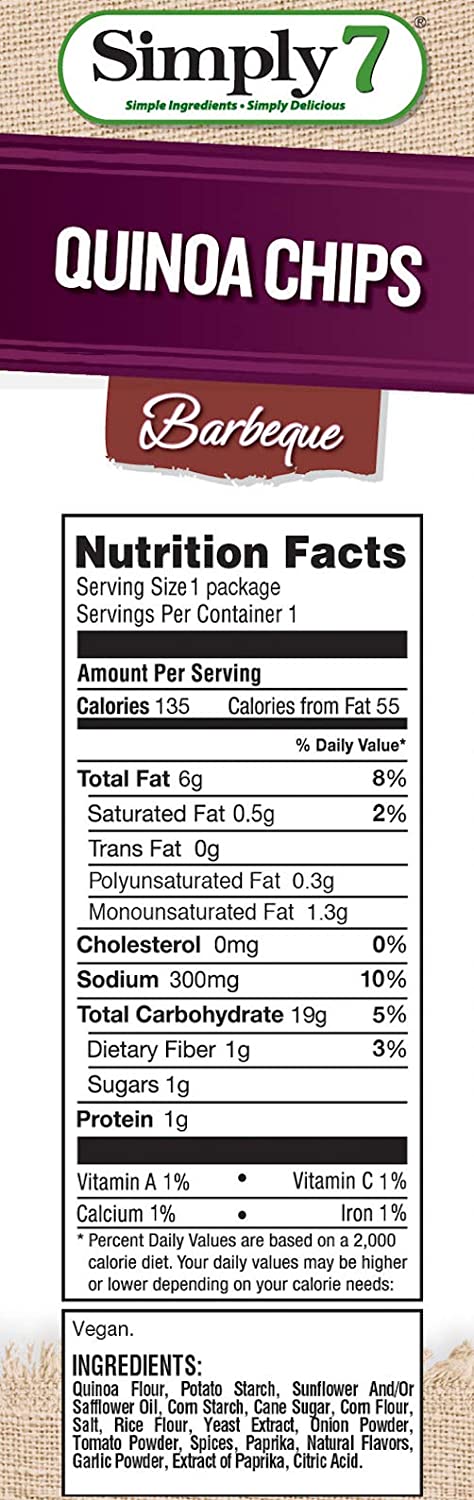 Simply 7 Quinoa Chips, Vegan Snacks, Non-GMO, Kosher, Vegetarian, Plant-Based, Nut & Cholesterol & Gluten Free, BBQ, 19.2 Oz, Pack of 24