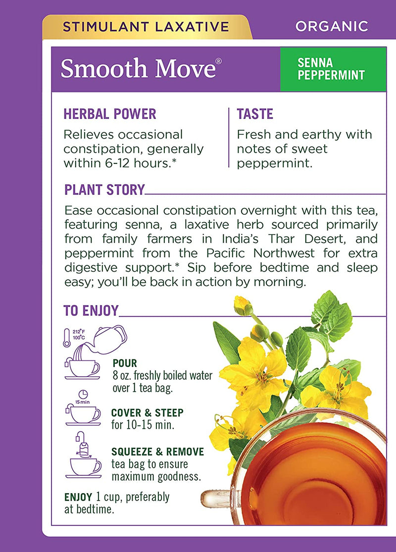 Traditional Medicinals Organic Smooth Move Senna Peppermint Herbal Tea, Relieves Occasional Constipation, (Pack of 3) - 48 Tea Bags Total