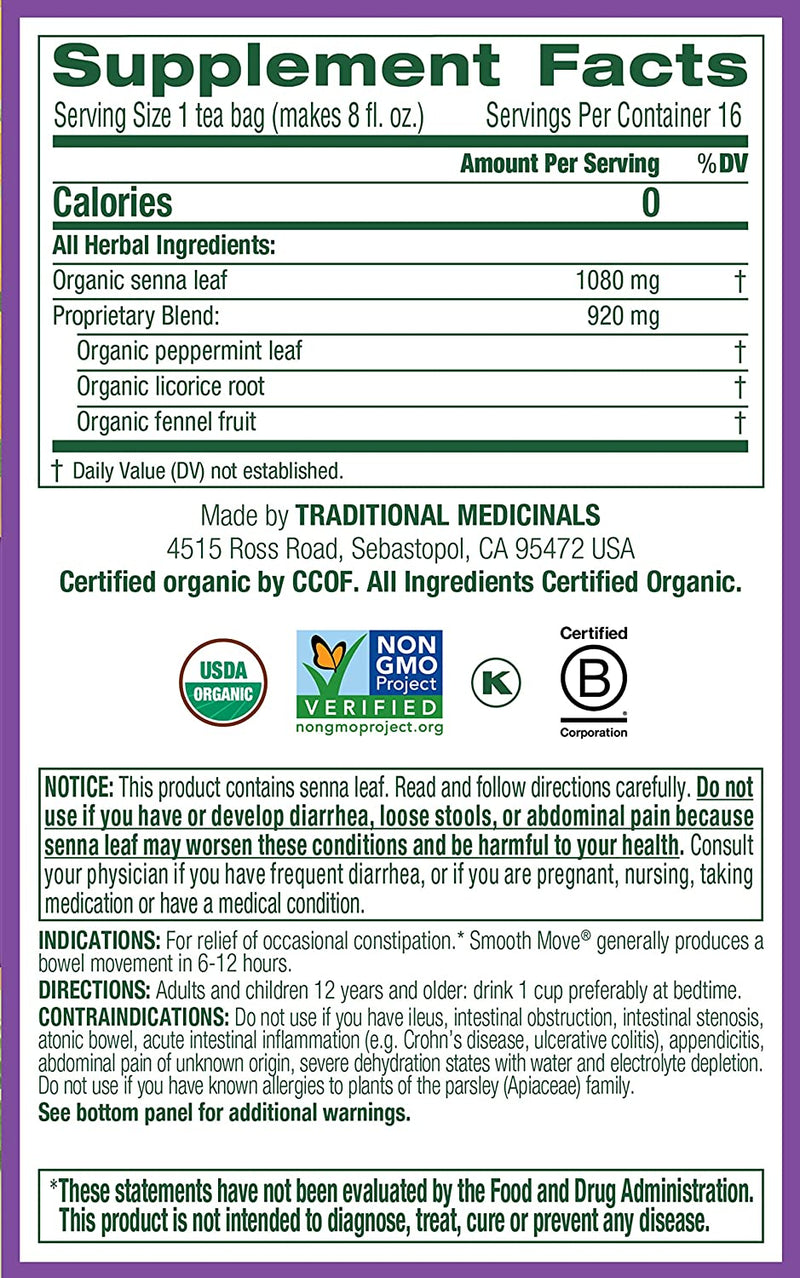Traditional Medicinals Organic Smooth Move Senna Peppermint Herbal Tea, Relieves Occasional Constipation, (Pack of 3) - 48 Tea Bags Total