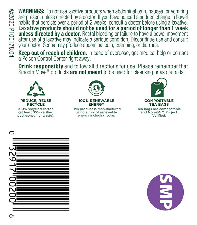 Traditional Medicinals Organic Smooth Move Senna Peppermint Herbal Tea, Relieves Occasional Constipation, (Pack of 3) - 48 Tea Bags Total