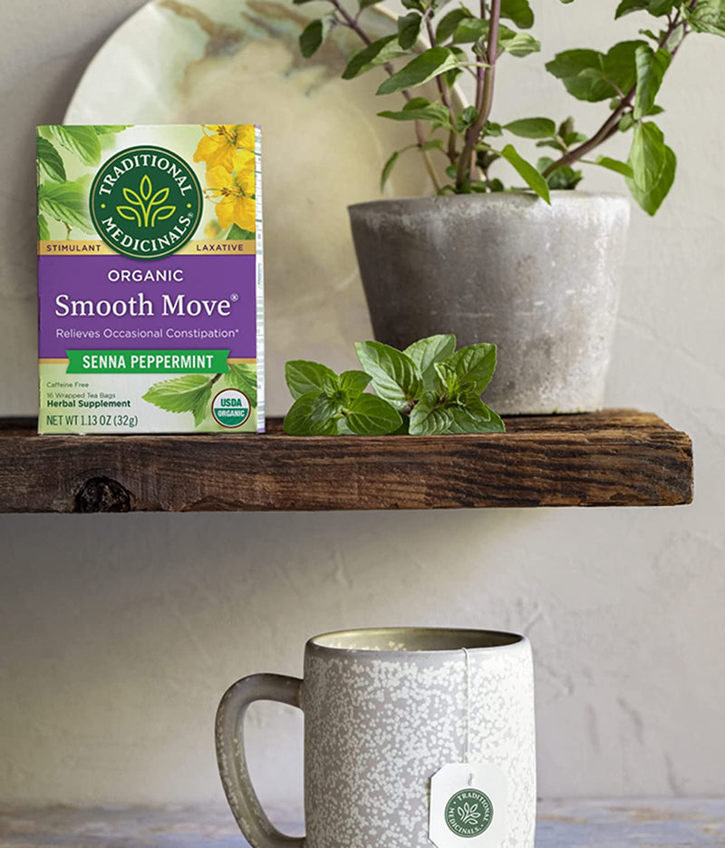 Traditional Medicinals Organic Smooth Move Senna Peppermint Herbal Tea, Relieves Occasional Constipation, (Pack of 3) - 48 Tea Bags Total