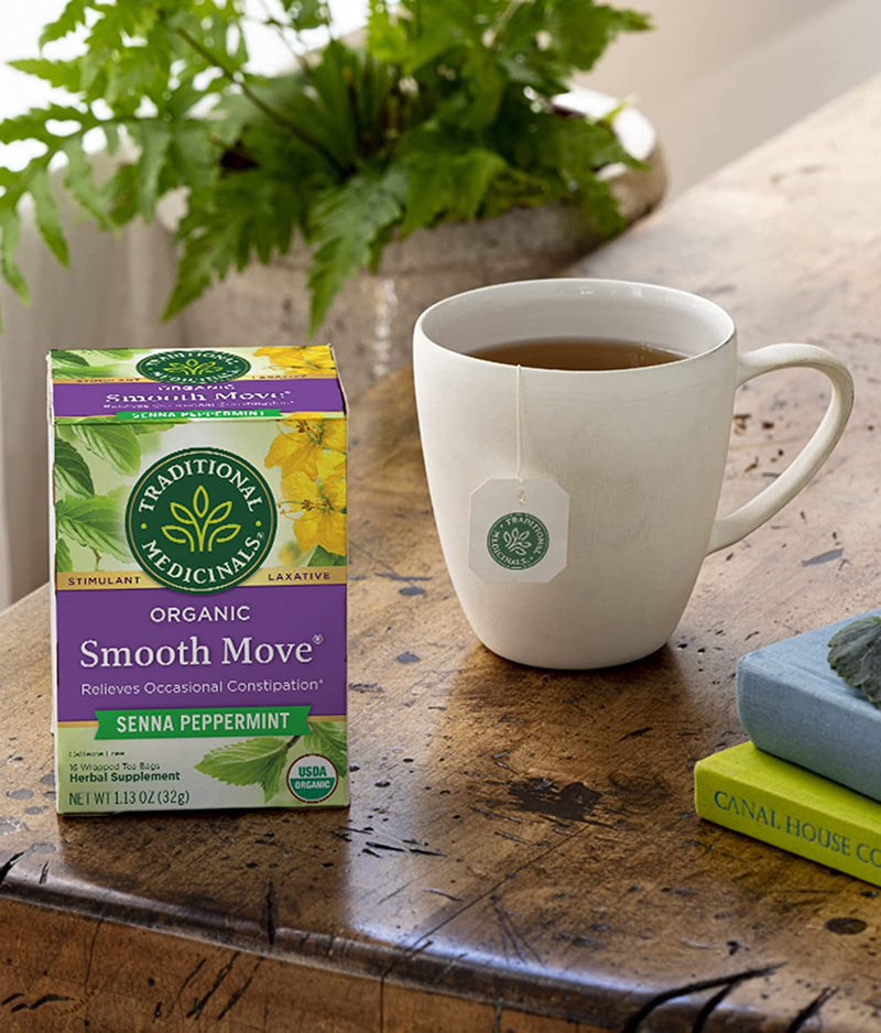 Traditional Medicinals Organic Smooth Move Senna Peppermint Herbal Tea, Relieves Occasional Constipation, (Pack of 3) - 48 Tea Bags Total