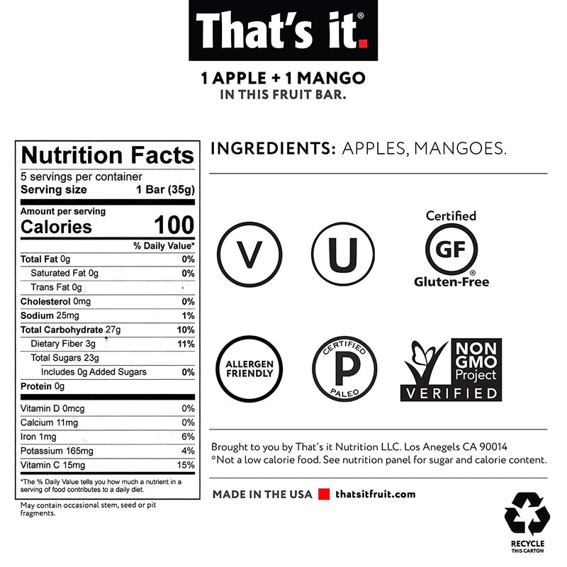 That's it. Apple + Mango 100% Natural Real Fruit Bar, Best High Fiber Vegan, Gluten Free Healthy Snack, Paleo for Children & Adults, Non GMO No Sugar Added, No Preservatives Energy Food (12 Pack)